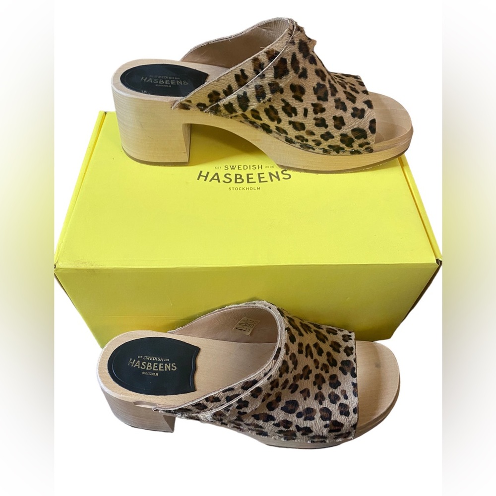 Swedish Hasbeens Leopard Print Open Toe Clog Mules